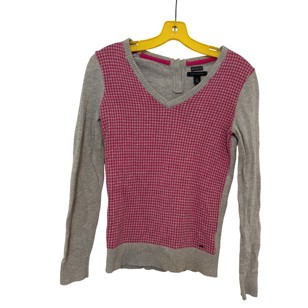 Tommy Hilfiger Pink Gray Houndstooth Pima Cotton V-Neck Sweater Size Small